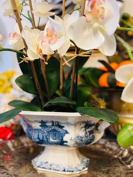 Blue and White English Transferware Compote, Chinoiserie Pagodas