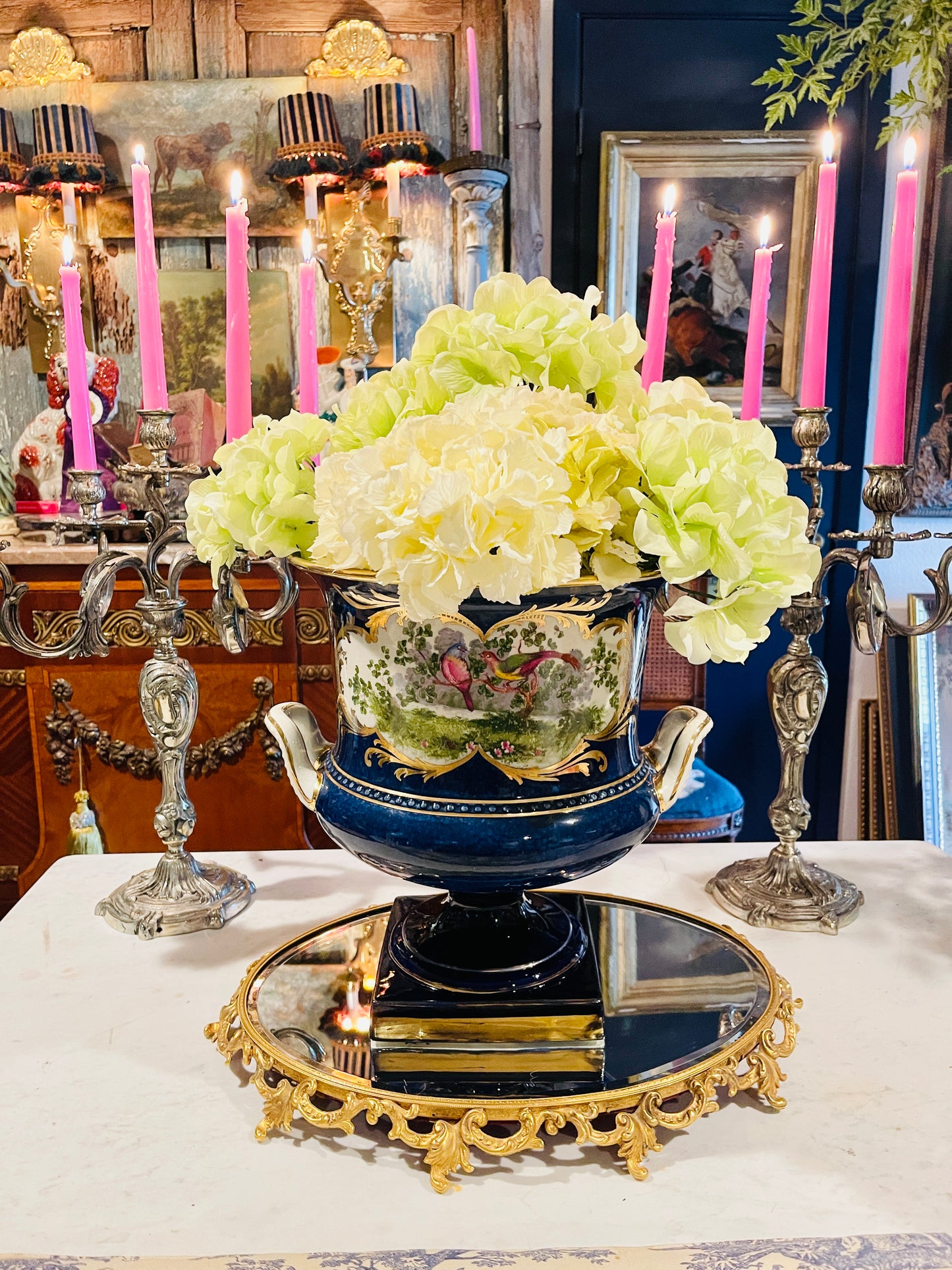 Large French-Style Cobalt Porcelain Urn Cachepot with Hand-Painted Birds