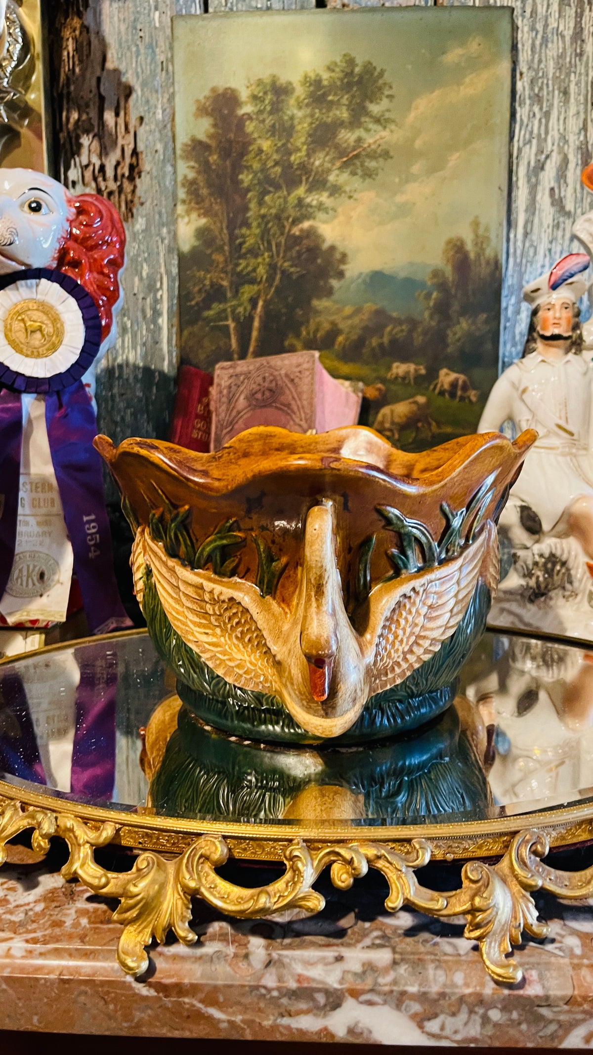 Vintage Majolica Swan Cachepot/Bowl