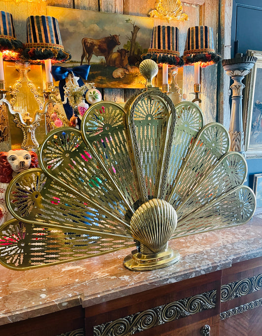 Vintage Brass Clam Seashell Brass Peacock Fireplace Folding Fan Screen