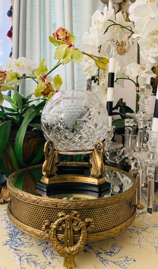 Vintage Crystal Rose Bowl on Brass Swan Base