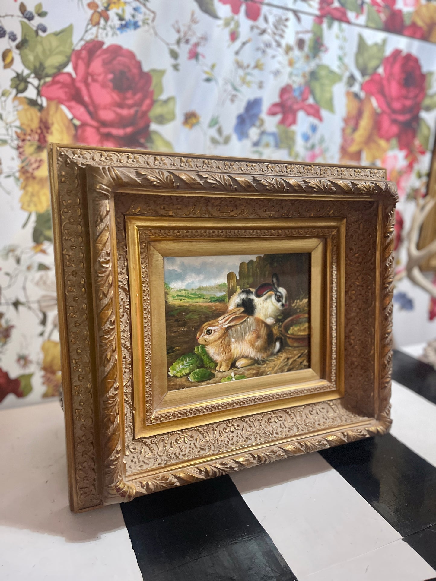 Estate Rabbit Oil Painting on Canvas, Vintage