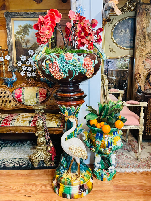 Monumental French Art Nouveau Majolica Jardinière on Heron Stand | Vallauris Style | Palm Beach Chic Coastal Garden Statement Piece