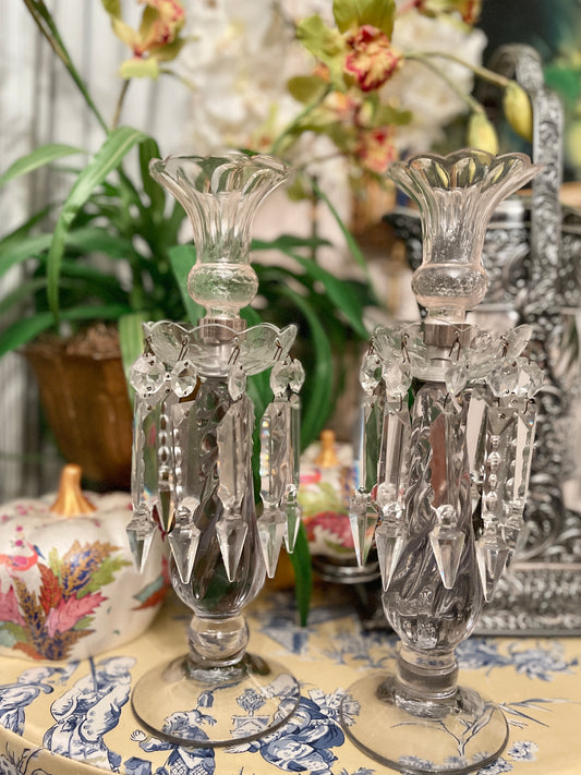 Vintage Fostoria candlesticks with blush pink votives with lusters and long prisms. This pair is truly stunning!