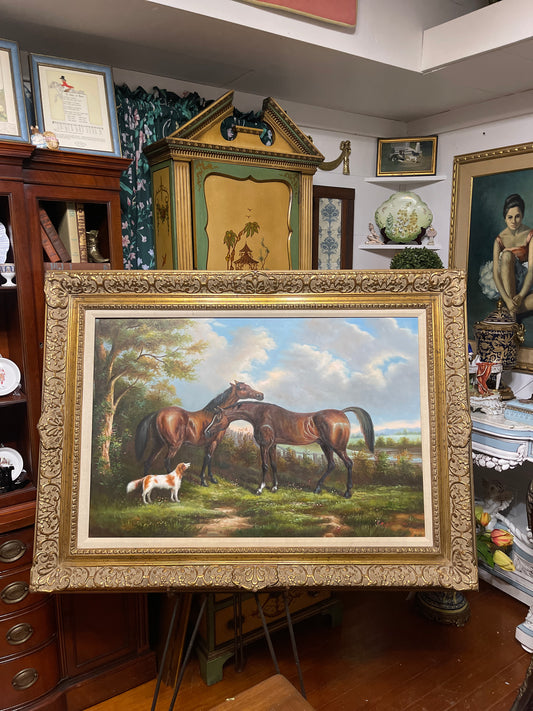 Monumental Vintage Equestrian Oil Painting – Two Horses & Foxhound in Ornate Gilt Frame, Estate Art