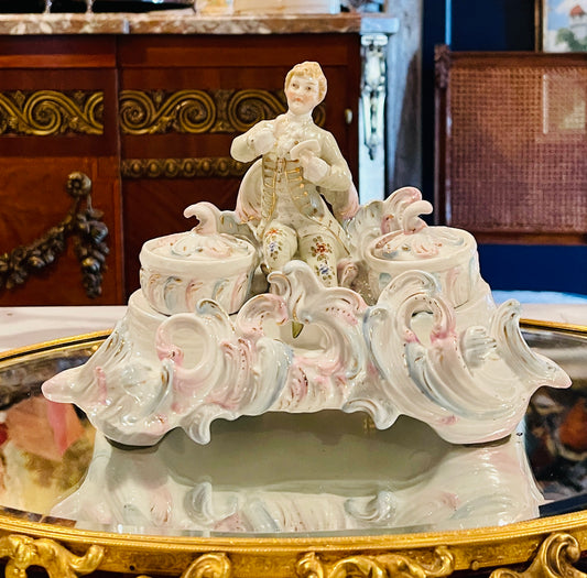 French Rococo-Style Porcelain Figural Inkwell with Lidded Inkwells