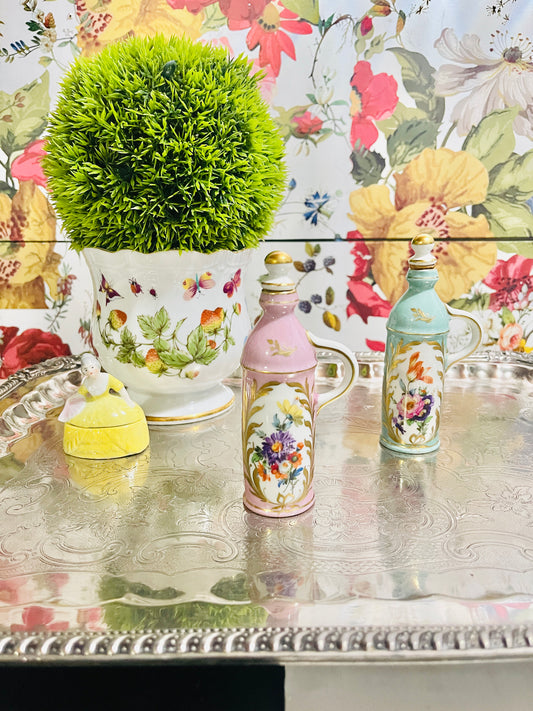 French Orlik Pink Perfume Bottle with Hand Painted Flowers and Gilt Detail