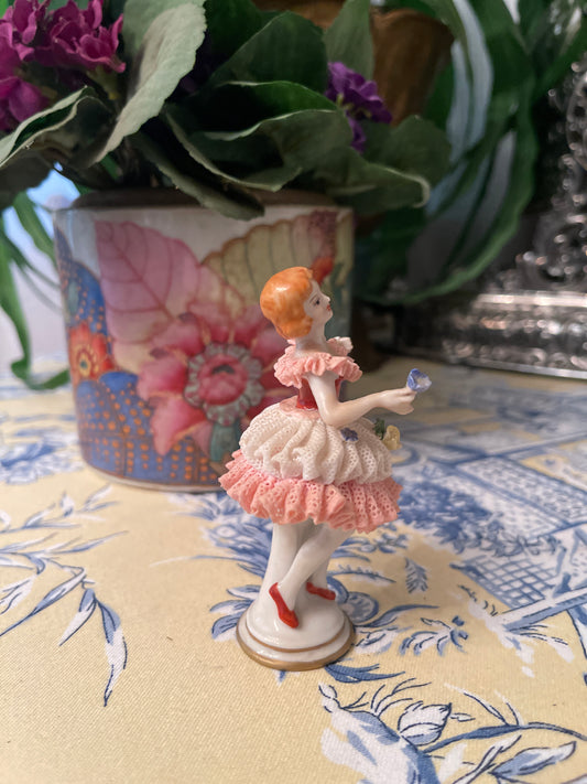 German Volkstedt  Porcelain Lace Ballerina Lady Holding Flower