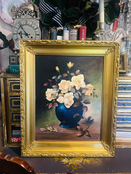 Vintage Floral Still Life Painting in Gilt Frame – Texas Hill Country Yellow Roses by Rose Lee Smith