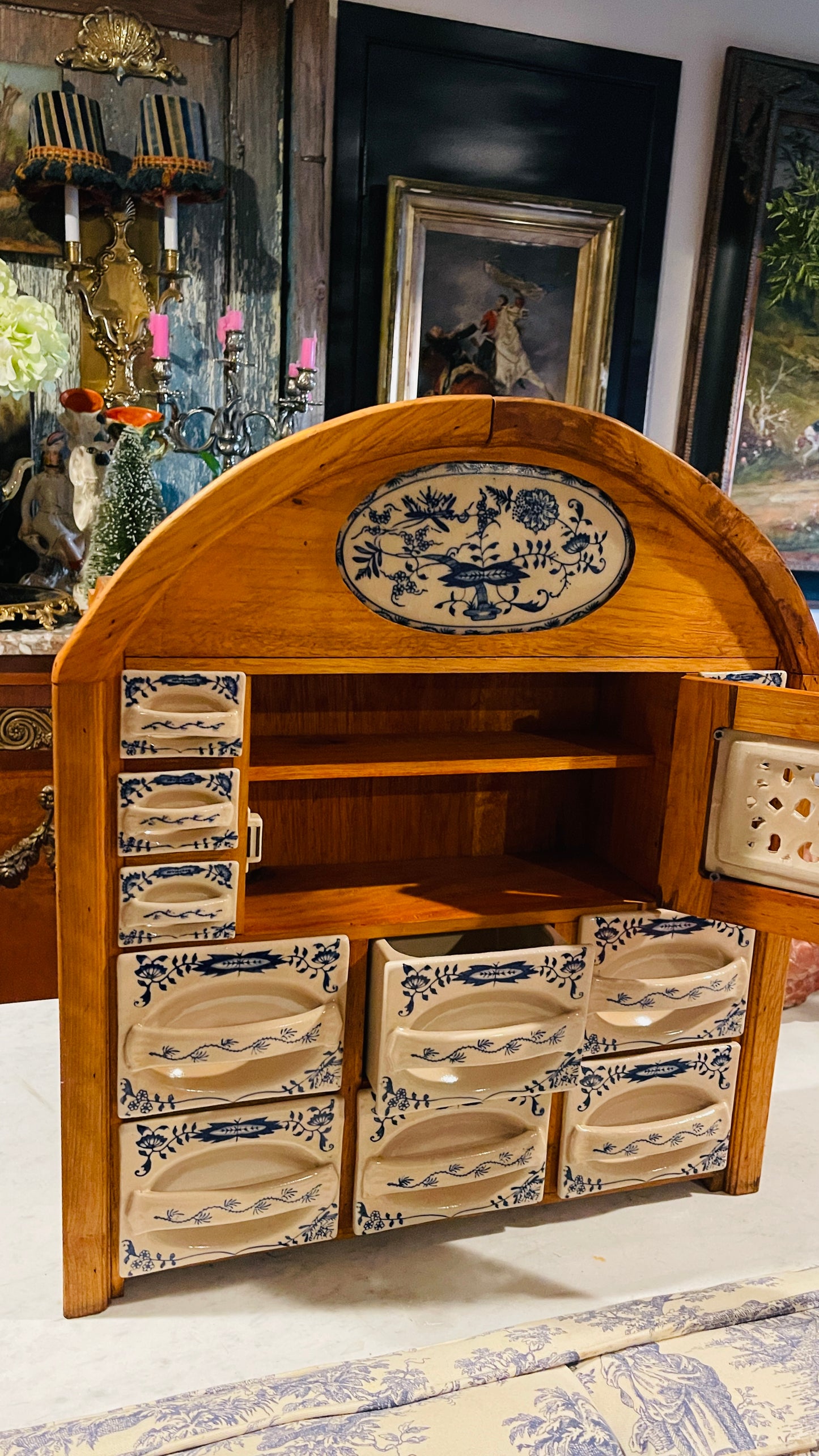 Early 20th-Century European Blue & White Ceramic Drawer Spice Cabinet | Blue Onion Style