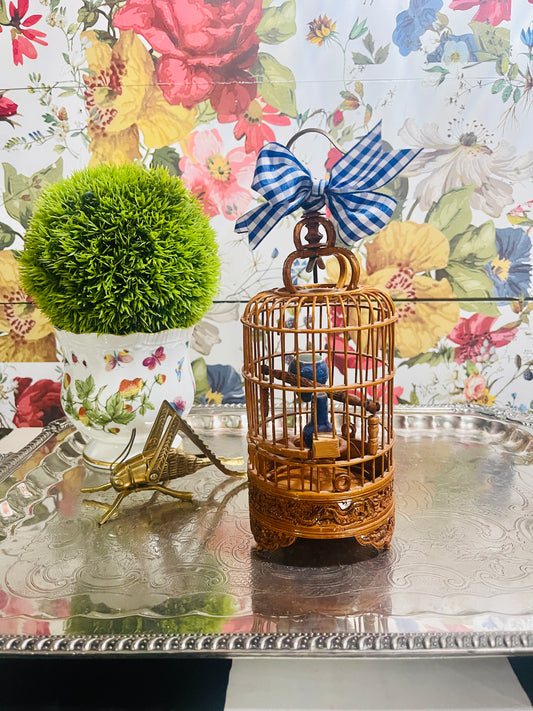 Vintage Chinoiserie Bird Cage with Porcelain Pot Feeders