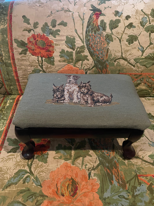 Antique English Needlepoint Dog Ottoman – Terriers on Sage Green Wool, Mahogany, Cabriole Legs