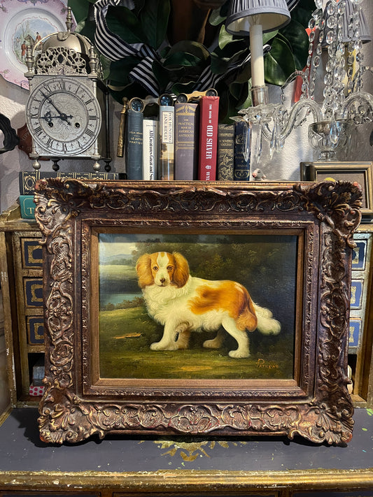 Vintage Oil Painting – Spaniel Dog Portrait in Ornate Frame, Artist Signed