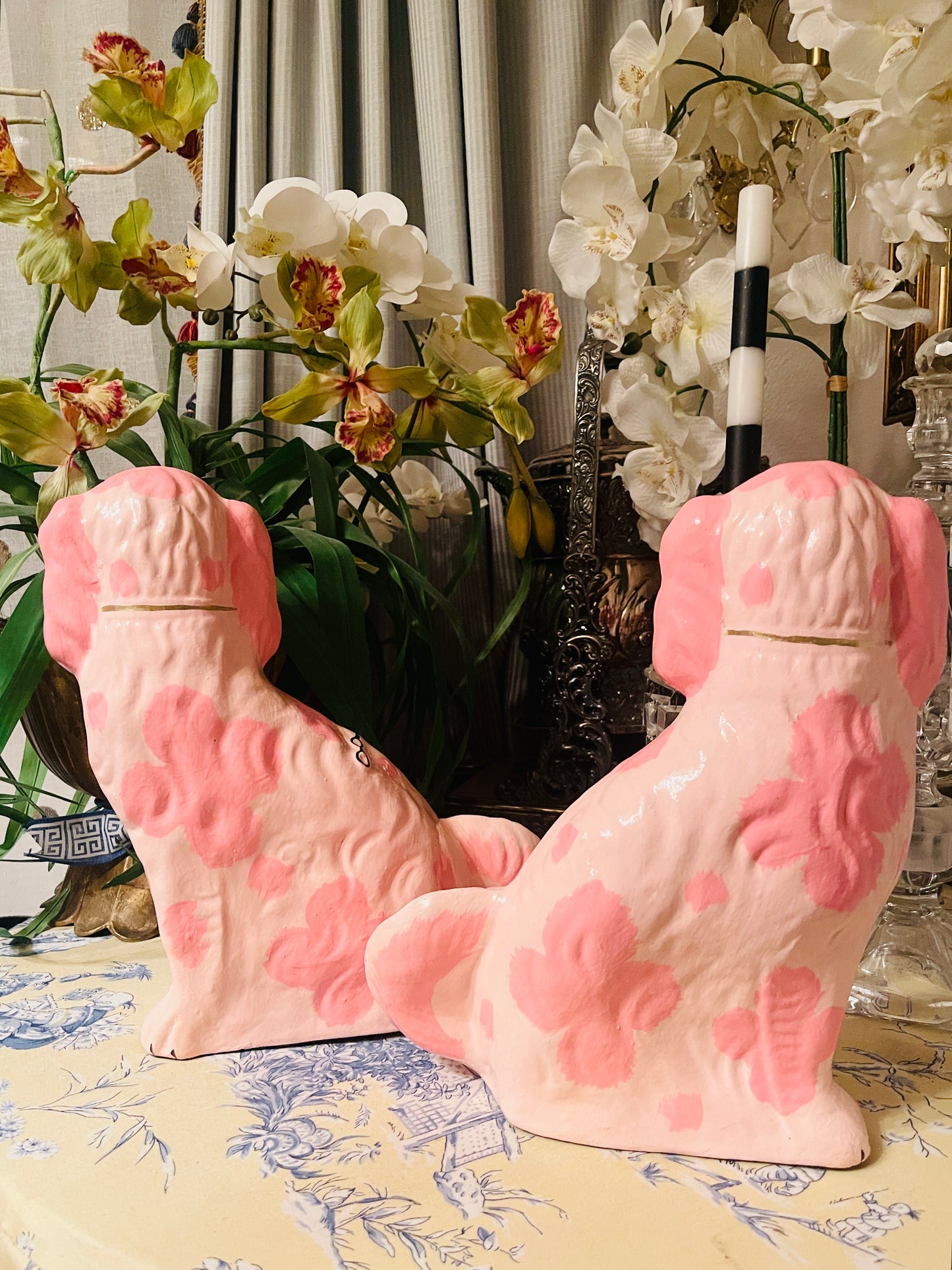 Whimsical Pink Papier-Mâché Staffordshire Dog Figurines – 13” Tall Pair