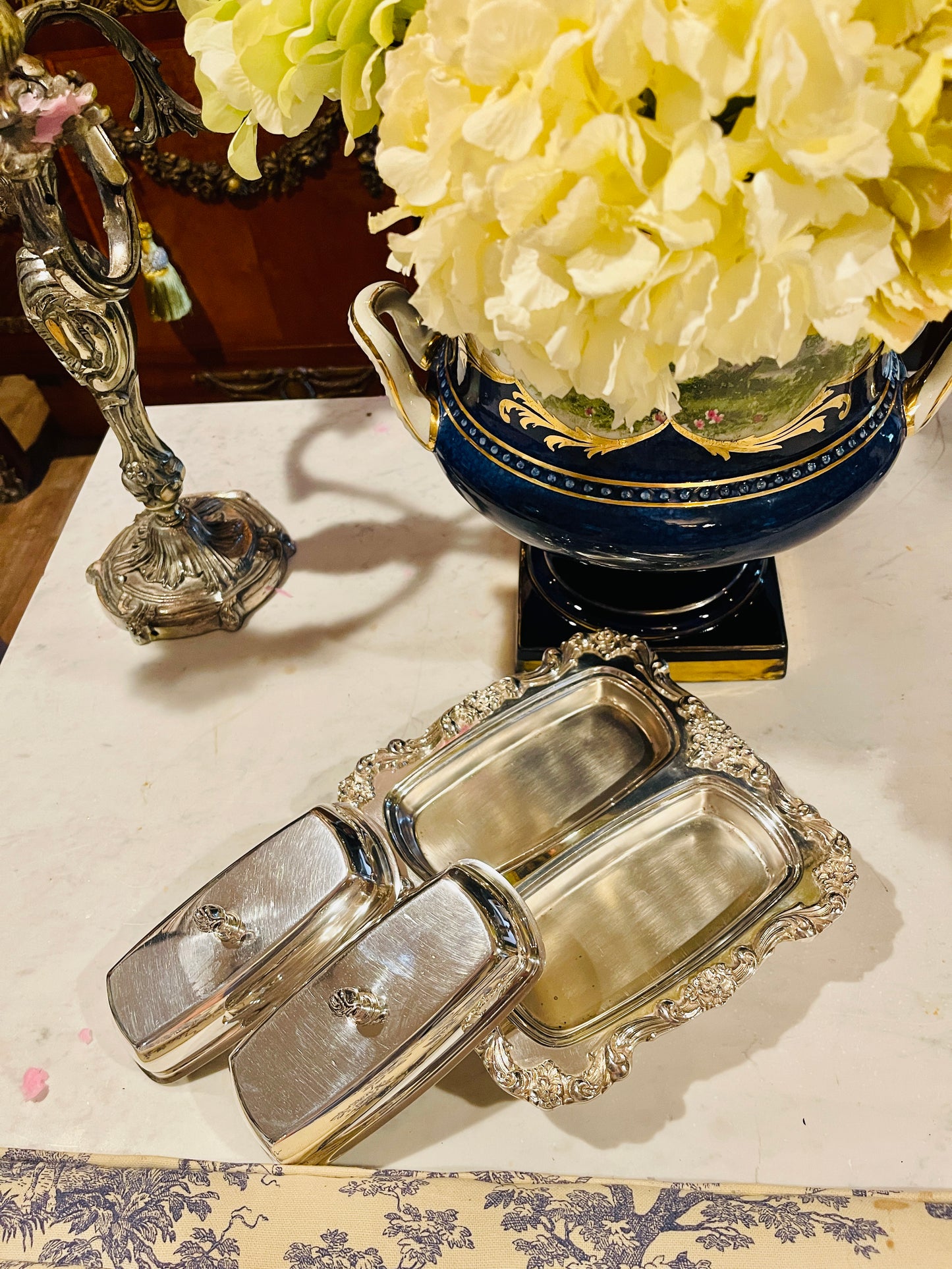 Vintage Silverplate Double Butter Dish with Covers | Footed Ornate Serving Piece | French Rococo Style Tableware