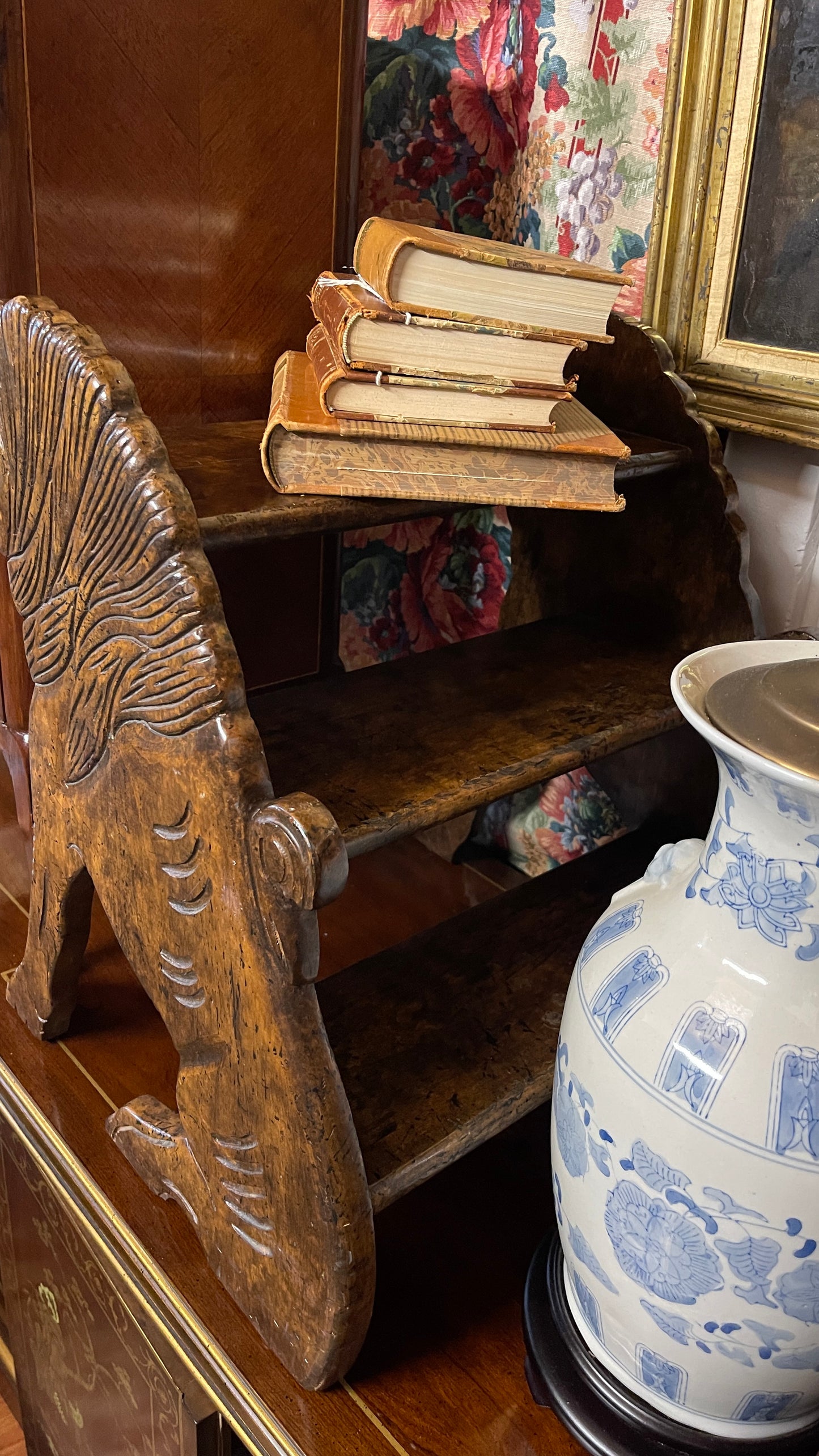 Vintage English Chinoiserie Library Steps with Hand-Carved Guardian Lions