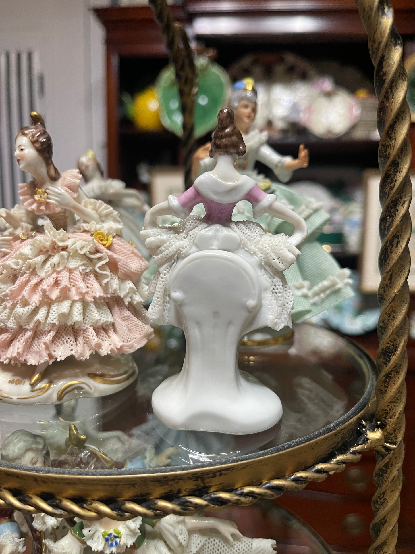 Pretty Vintage German Porcelain Dresden-Style Dancer Figurine | Lace Detail |Pink Top | Applied Flowers