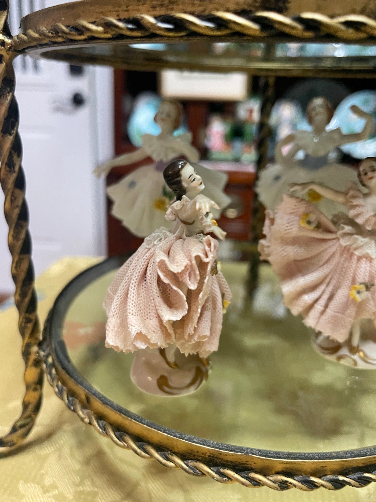 German Porcelain Dresden-Style Lace Dancing Figurine | Vintage European Porcelain Dancer in Pink with Yellow Roses