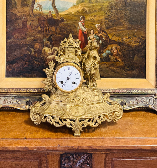 French Gilt Spelter Mantle Clock, 19th Century PH Mourey Figural Clock