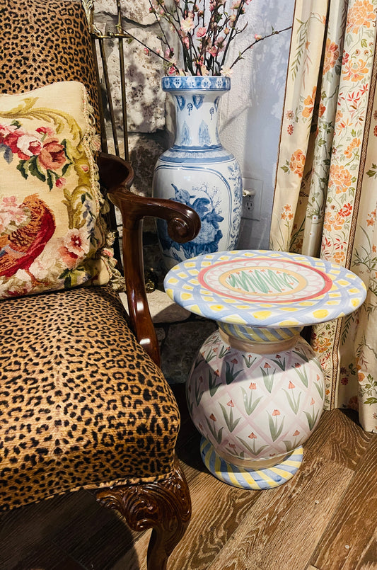 Vintage Richard & Victoria MacKenzie-Childs Terracotta Pedestal Side Table, Whimsical, Hand Painted Glazed Terracotta