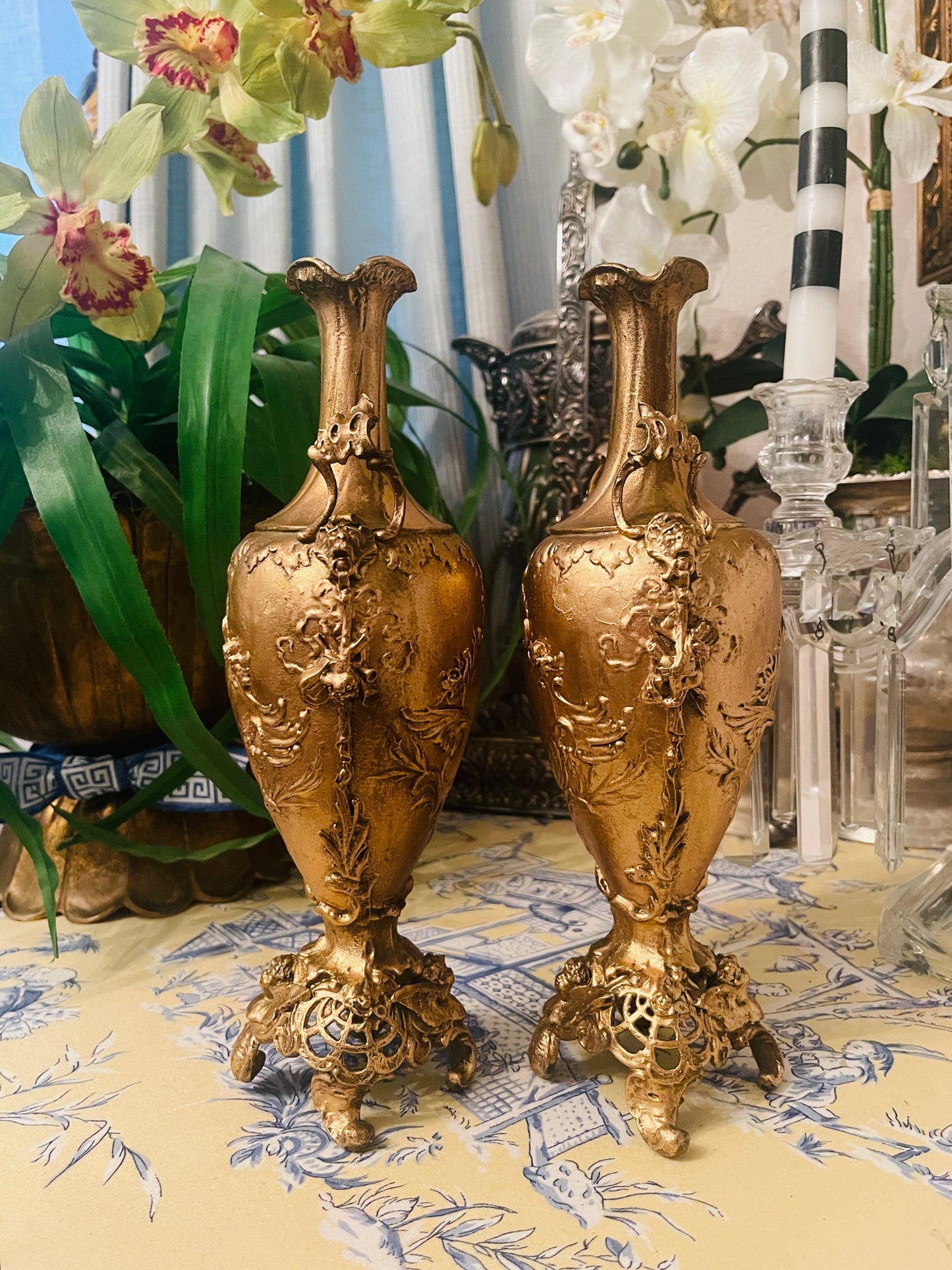 Gilded Louis XV Rococo Bronze French Footed Vases, Ornate Design