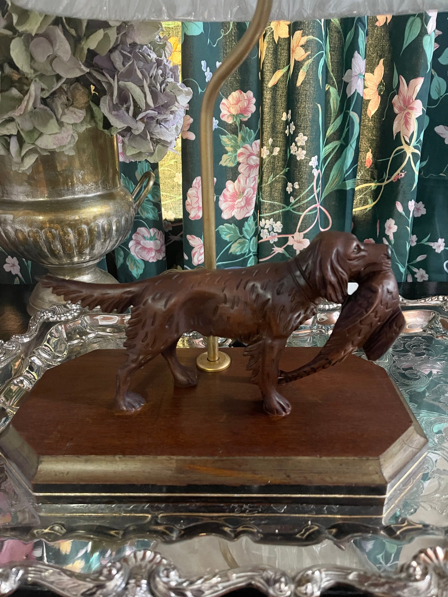 Vintage English Setter with Pheasant Hunting Dog Lamp with Light Sage Striped Pleated Shade, Carved Wood