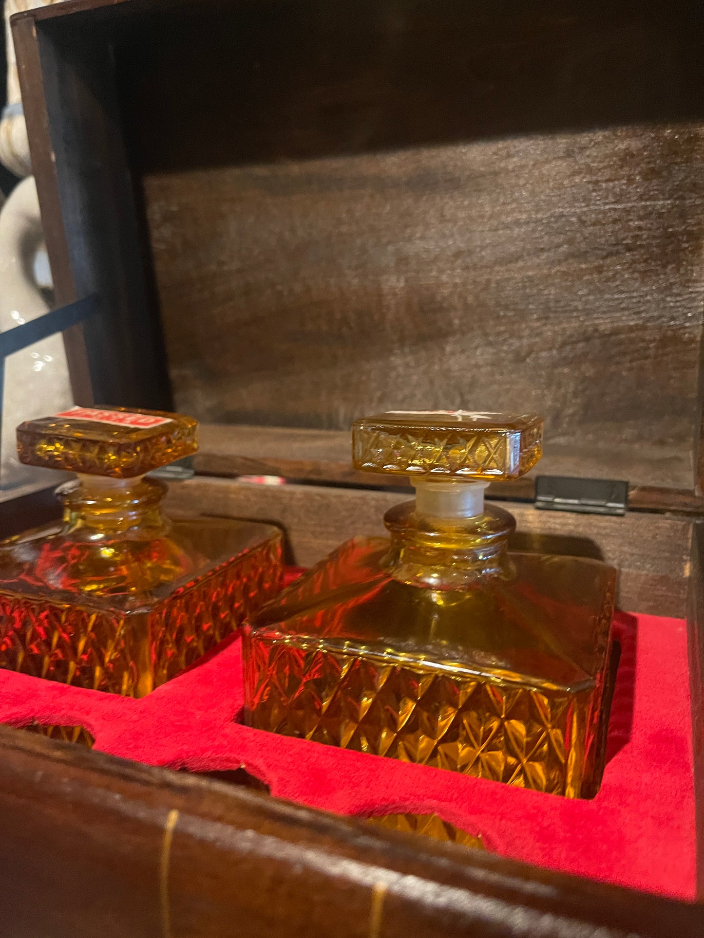 Vintage Japanese Wood “Book Stack” Box with Amber Glass Inset — Mid-Century Bar Set, Made in Japan