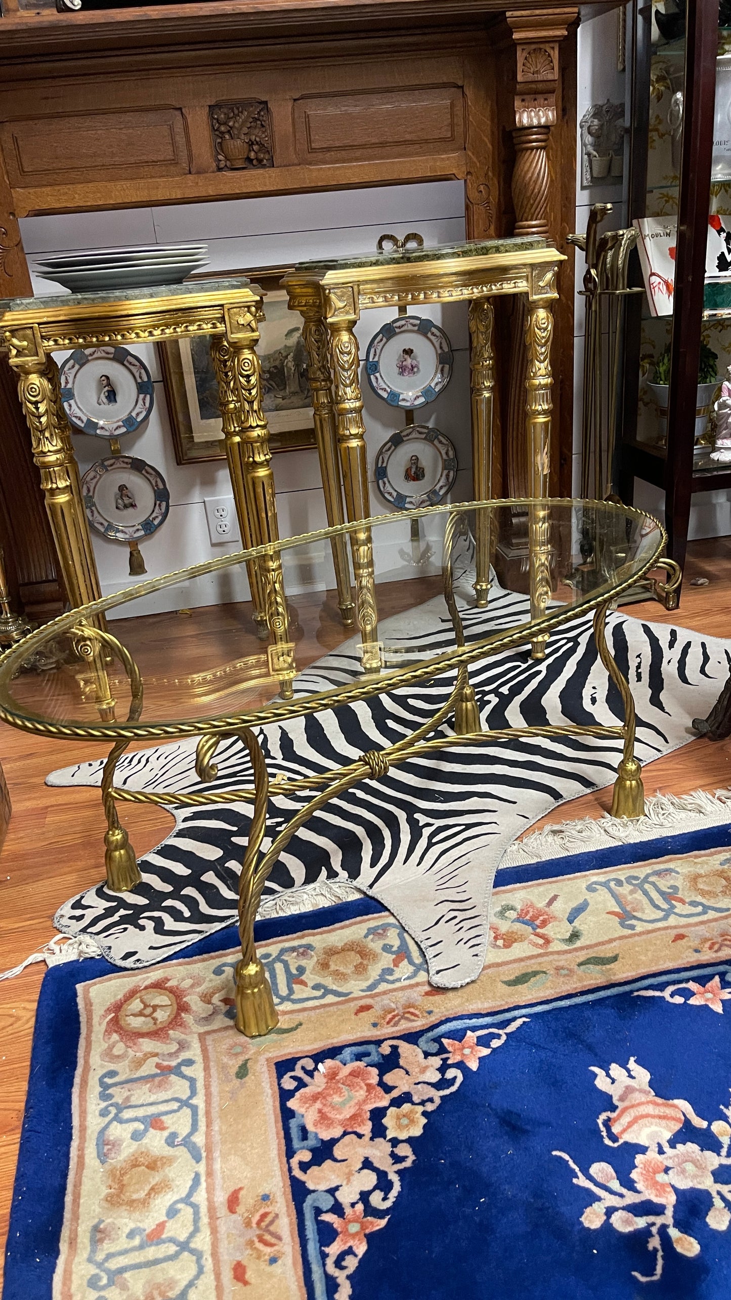 Vintage Italian Hollywood Regency Gilt Rope & Tassel Oval Coffee Table with Original Glass, Round Top Find