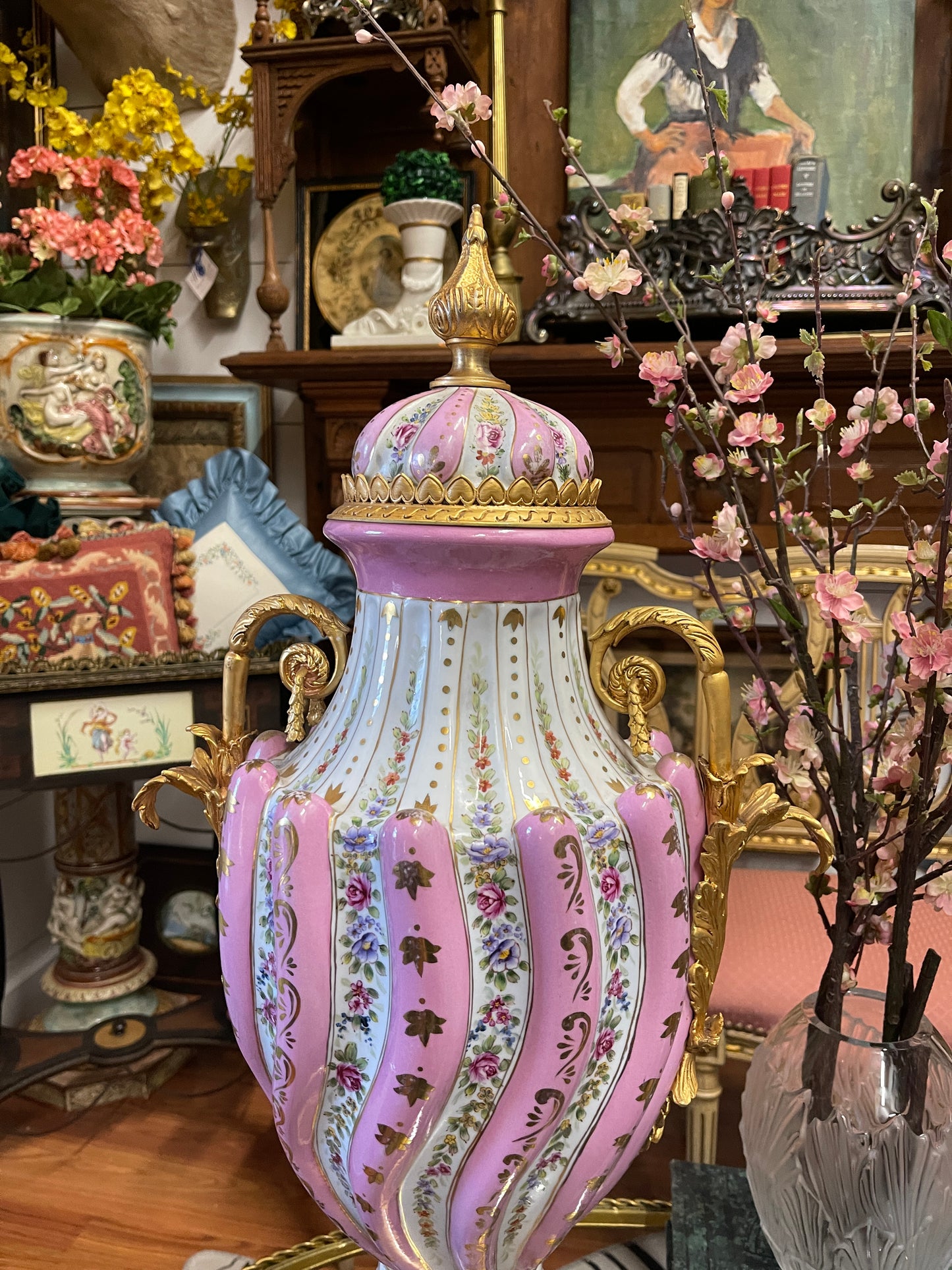 Monumental Pastel Porcelain Urns with Gilt Mounts|Pair | Grand Decorative Statement Vessels