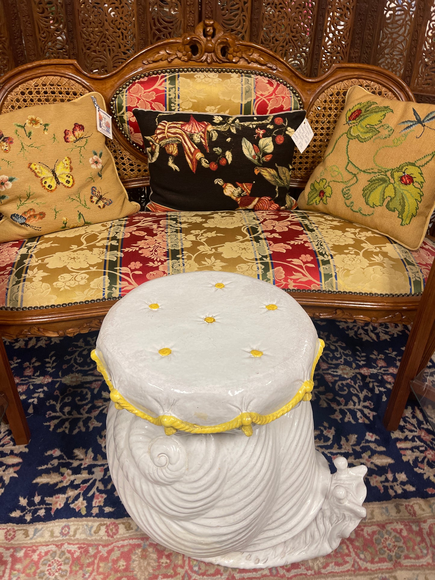 Italian Snail Side Table/Garden Stool with a Tufted and Tasseled Pillow, Made in Italy, Vintage