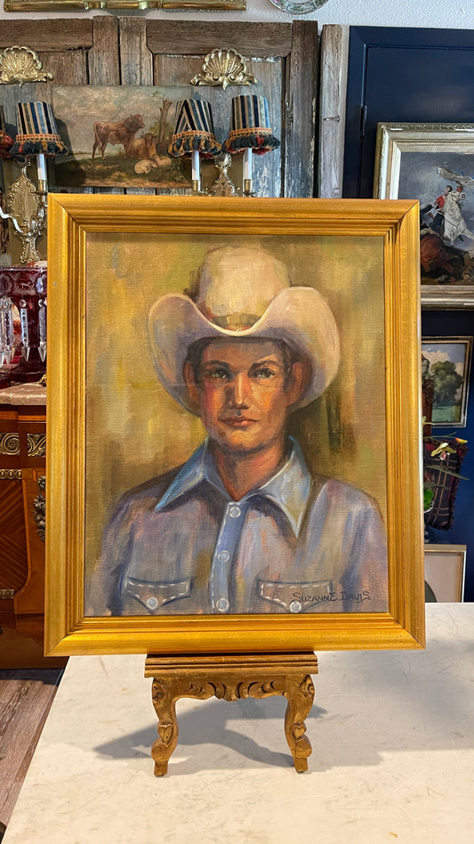 “Drugstore Cowboy” Signed Oil Painting by Suzanne Davis | Gilt Frame | 23.5” H × 19.5” W × 1” D