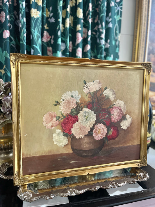 Pink Carnations in a Vase Painting, Vintage Floral Still Life, Artist Signed and Framed