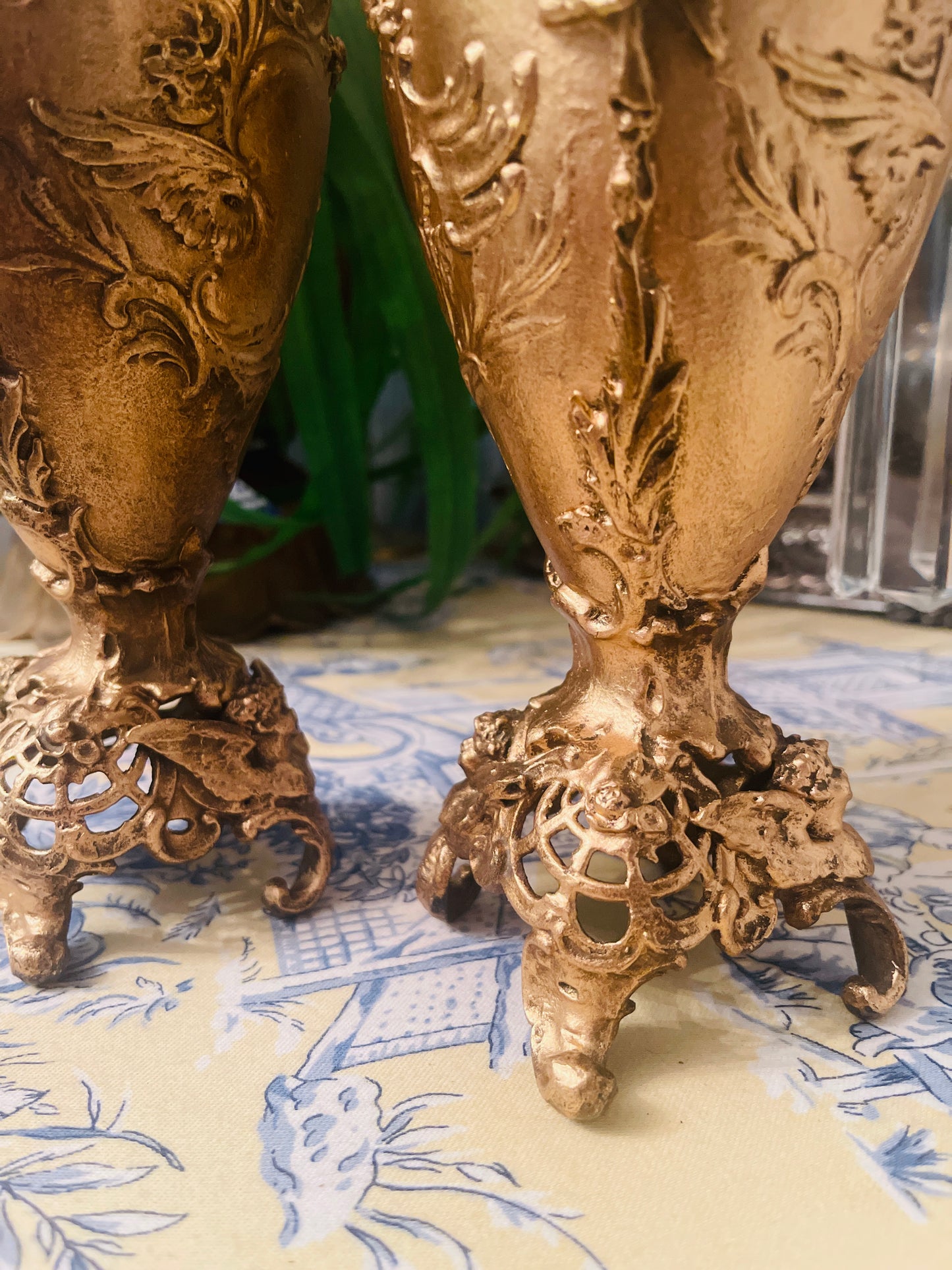 Gilded Louis XV Rococo Bronze French Footed Vases, Ornate Design