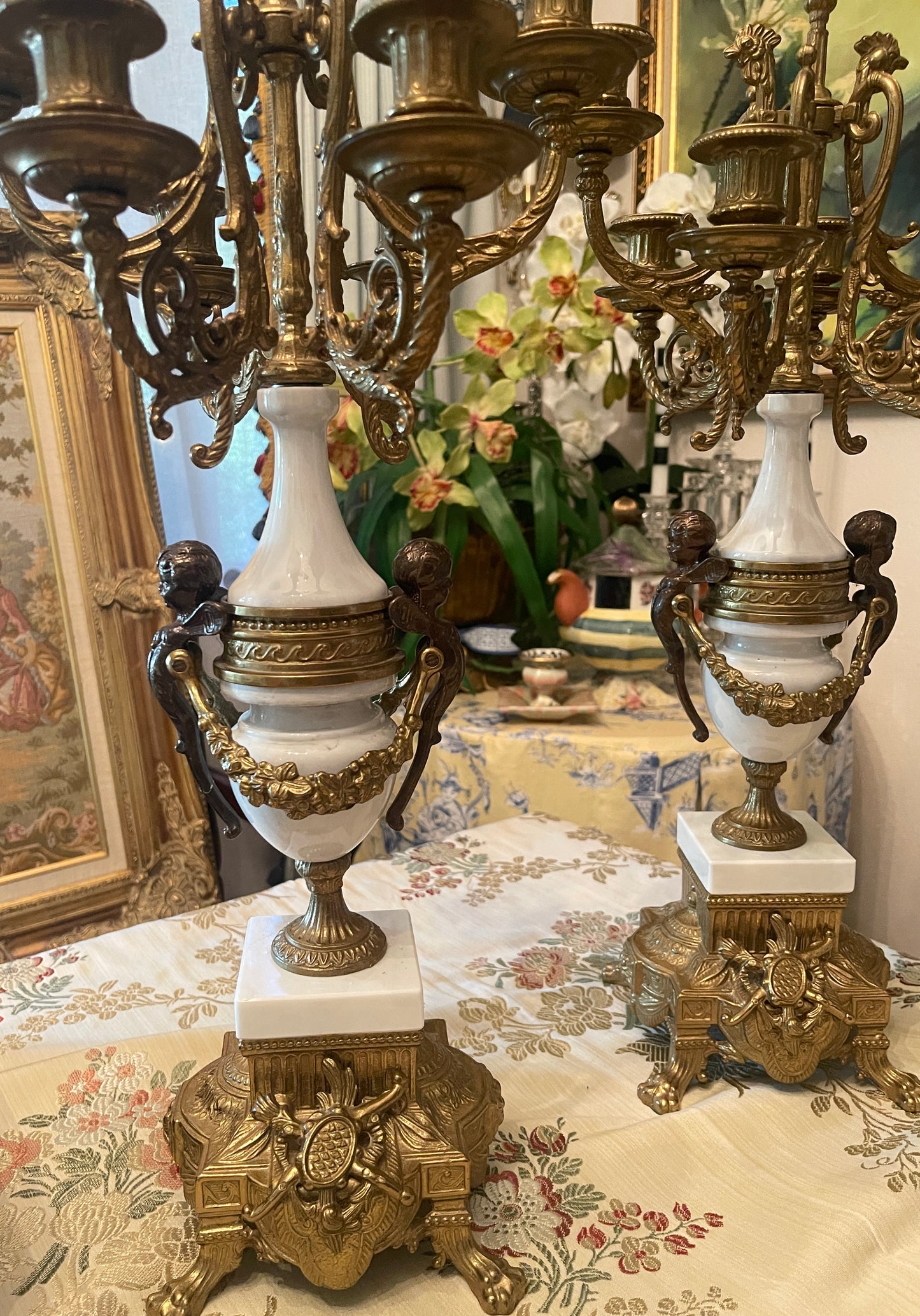 Italian Gilt and Cherub and Acanthus Alabaster Marble and Bronze Candelabras, Pair,