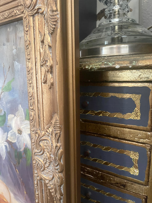 Vintage Chinoiserie Painting with Vased Flowers and Chinese Statuette, Ornate Gold Frame, Estate Art