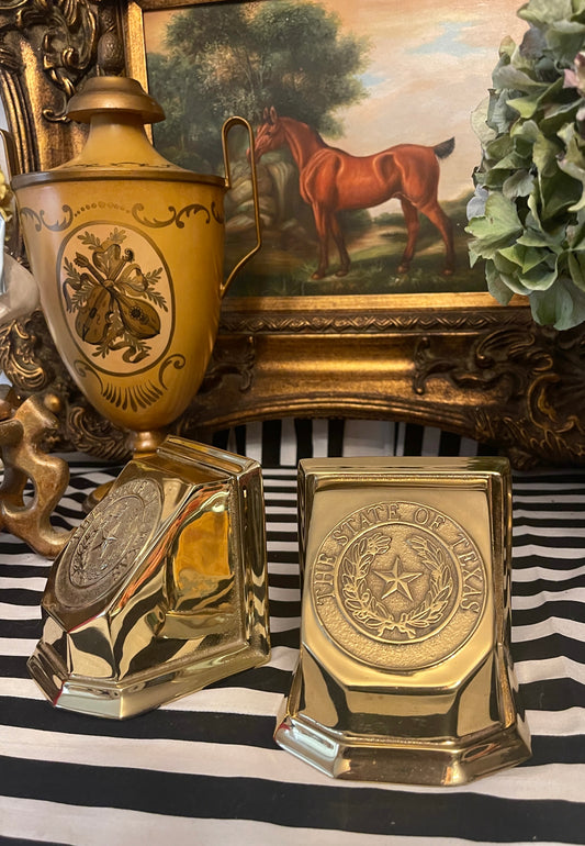 Brass Texas State Seal Bookends by Metalcrafters, Vintage, Heavy, Estate Decor