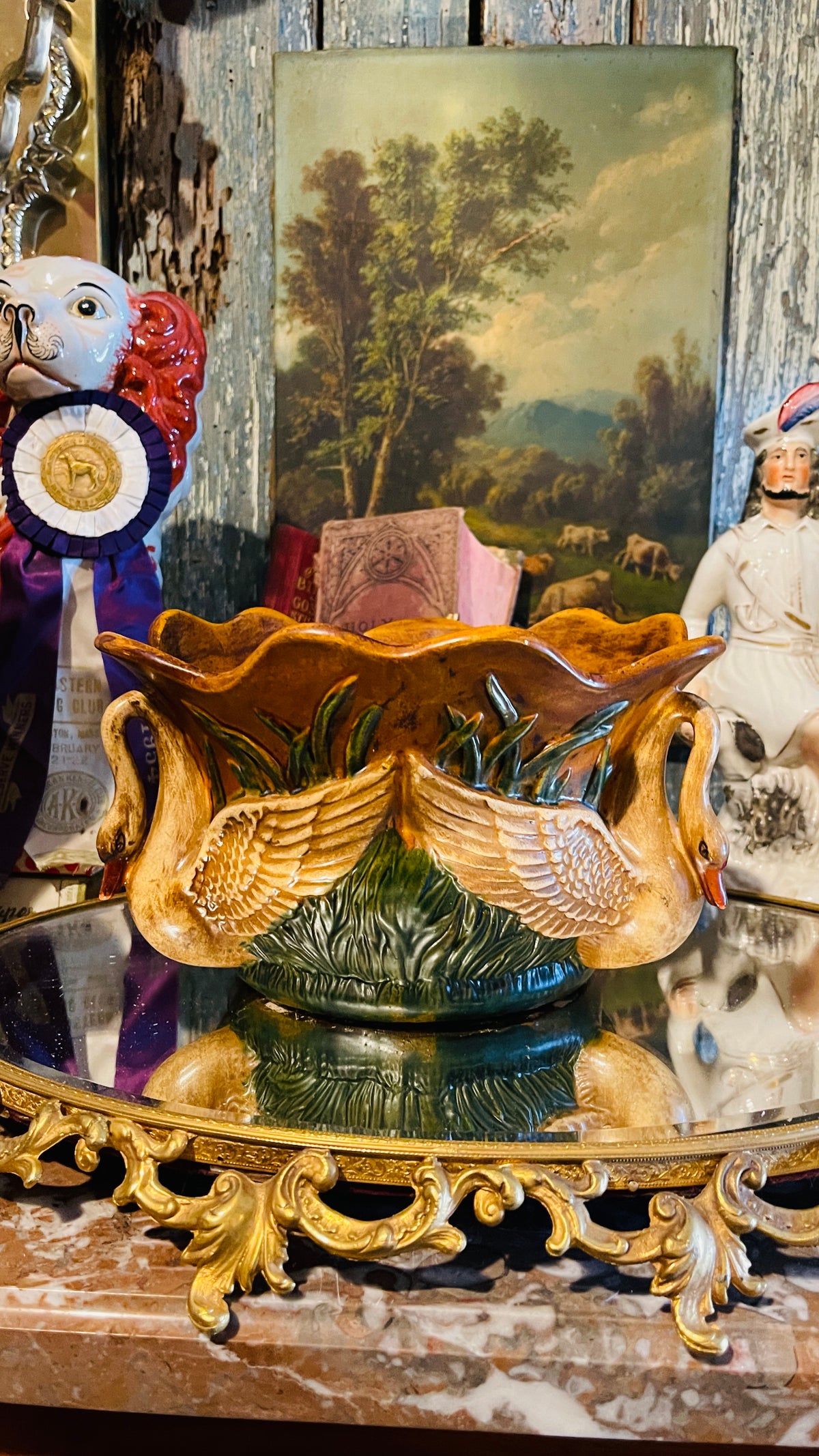 Vintage Majolica Swan Cachepot/Bowl