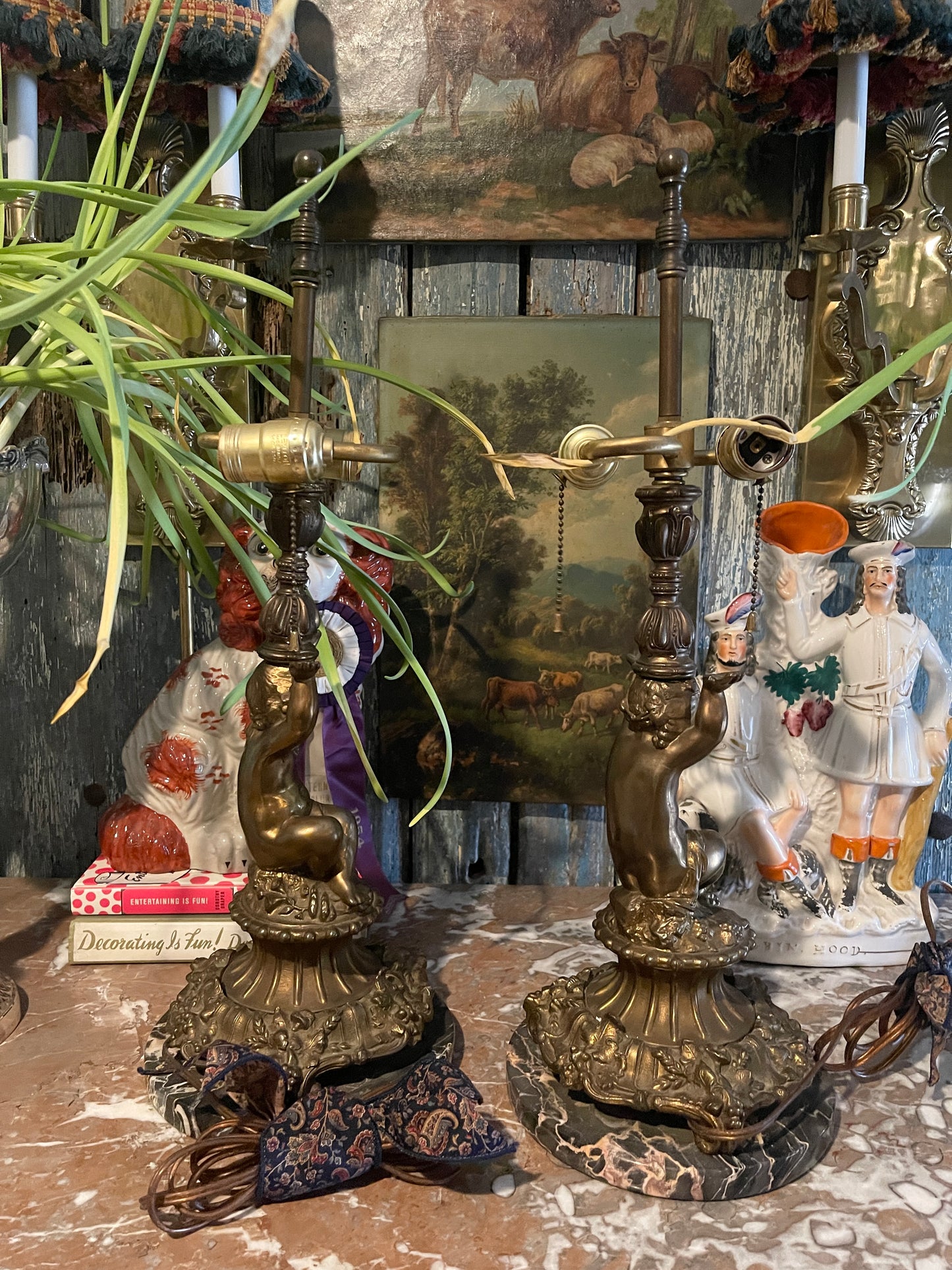 Pair of Neoclassical Brass Ormolu & Marble Table Lamps with Putti Figural Details