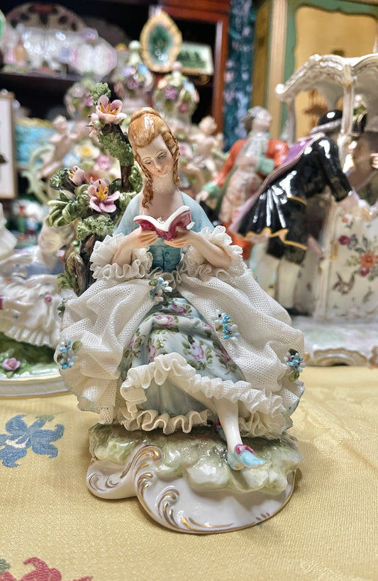German Porcelain Dresden-Style Figurine | Vintage European Porcelain 
Girl with Book