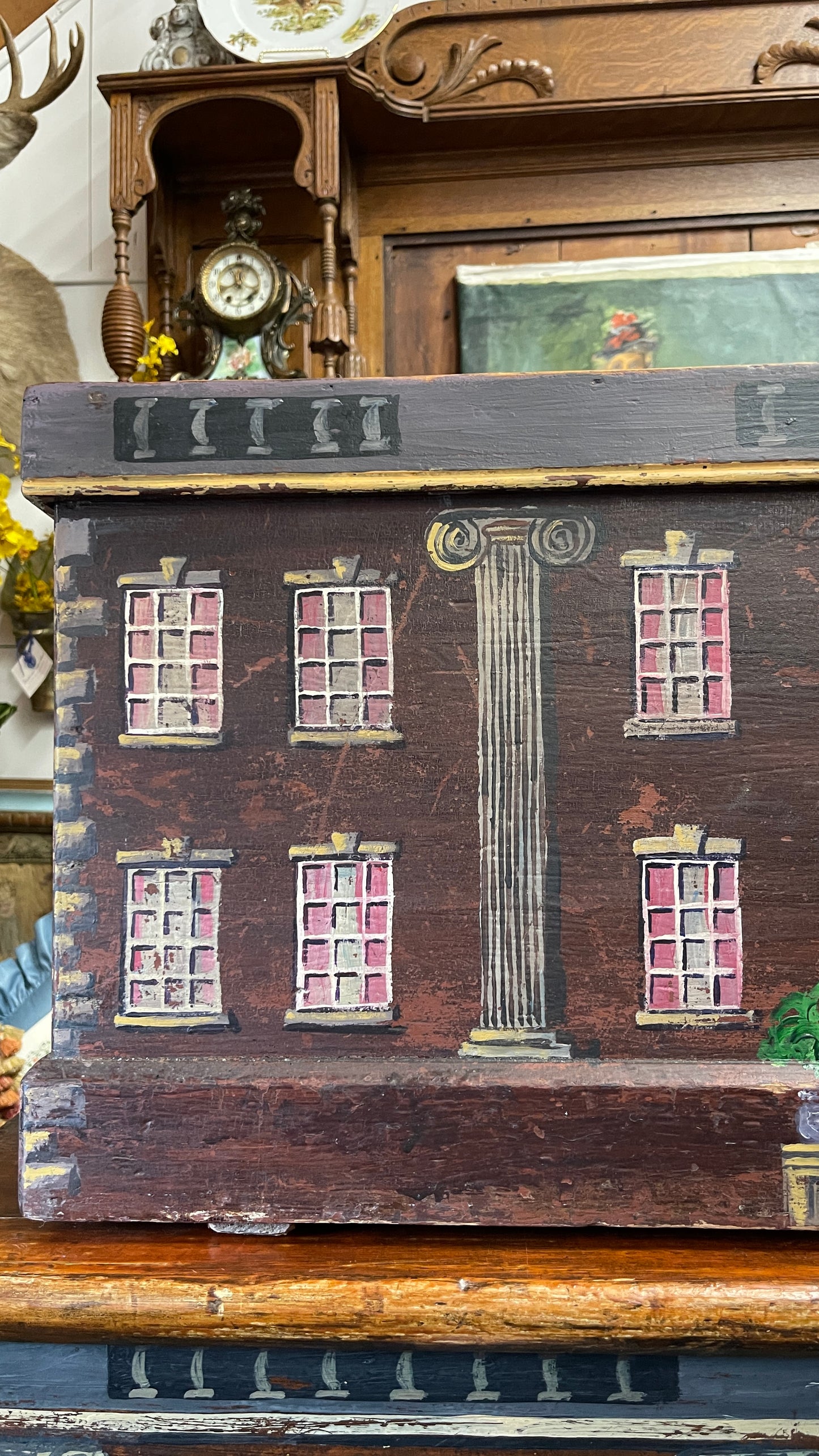 ENGLISH PAINT-DECORATED HOUSE FACADE PINE BLANKET BOX / STORAGE CHEST