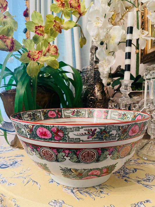 Rose Canton Punch Bowl, Vintage Chinoiserie, 14”