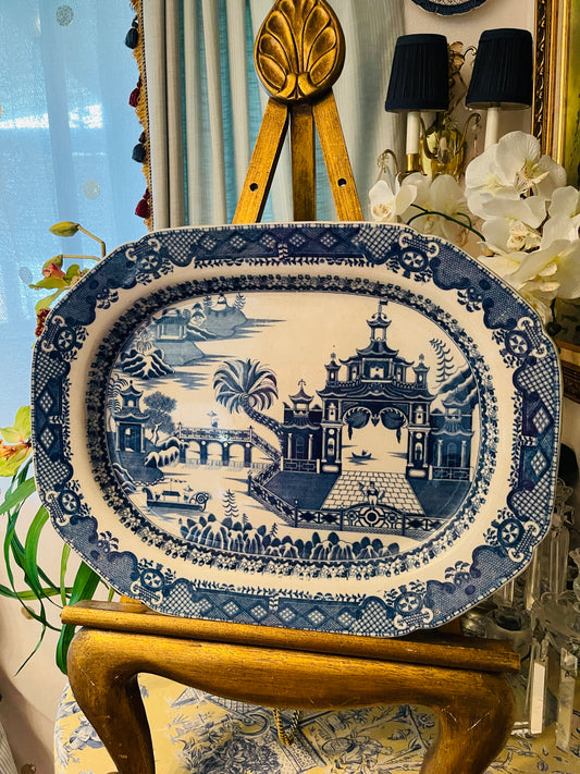 Antique English Chinoiserie Platter – 20” Date Palm & Royal Barge Blue Transferware | Early 1800s Orientalist Pattern Serving Dish