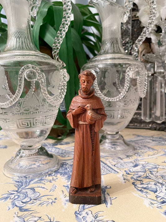 St. Francis Hand Carved Wood Statuette, Vintage