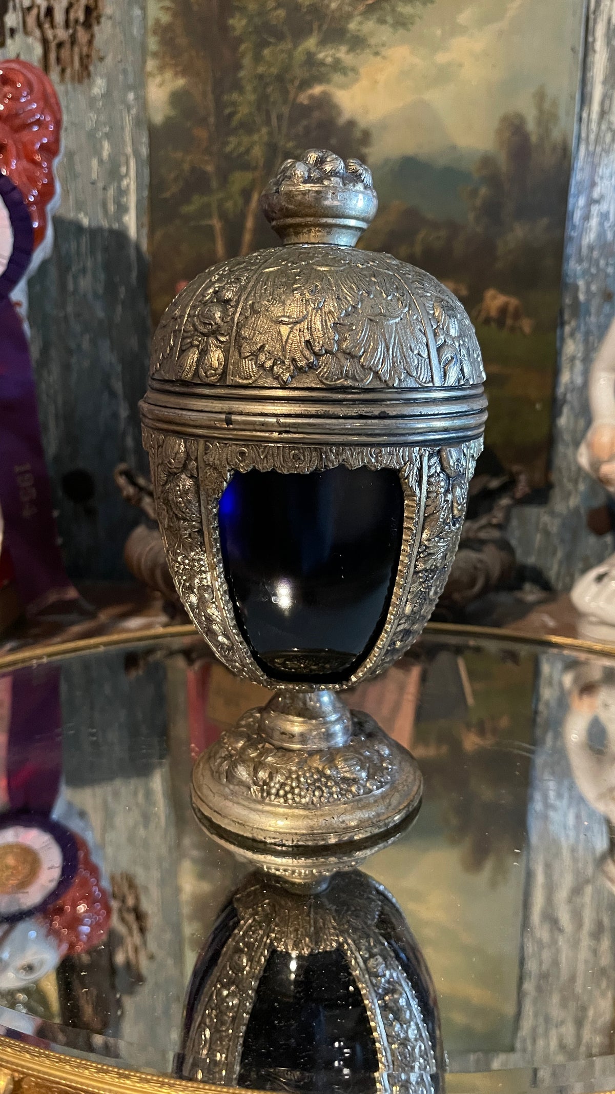 Cobalt & Abundance — Blue Glass Covered Urn with Floral & Fruit Metalwork | 8.5” H × 4” W