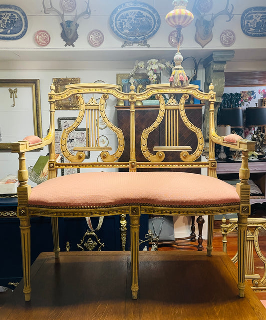 Antique Neoclassical Lyre Back Settee – Gilt Detailing & Blush Upholstery