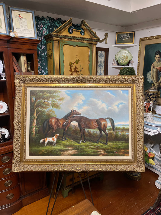 Monumental Vintage Equestrian Oil Painting – Two Horses & Foxhound in Ornate Gilt Frame, Estate Art