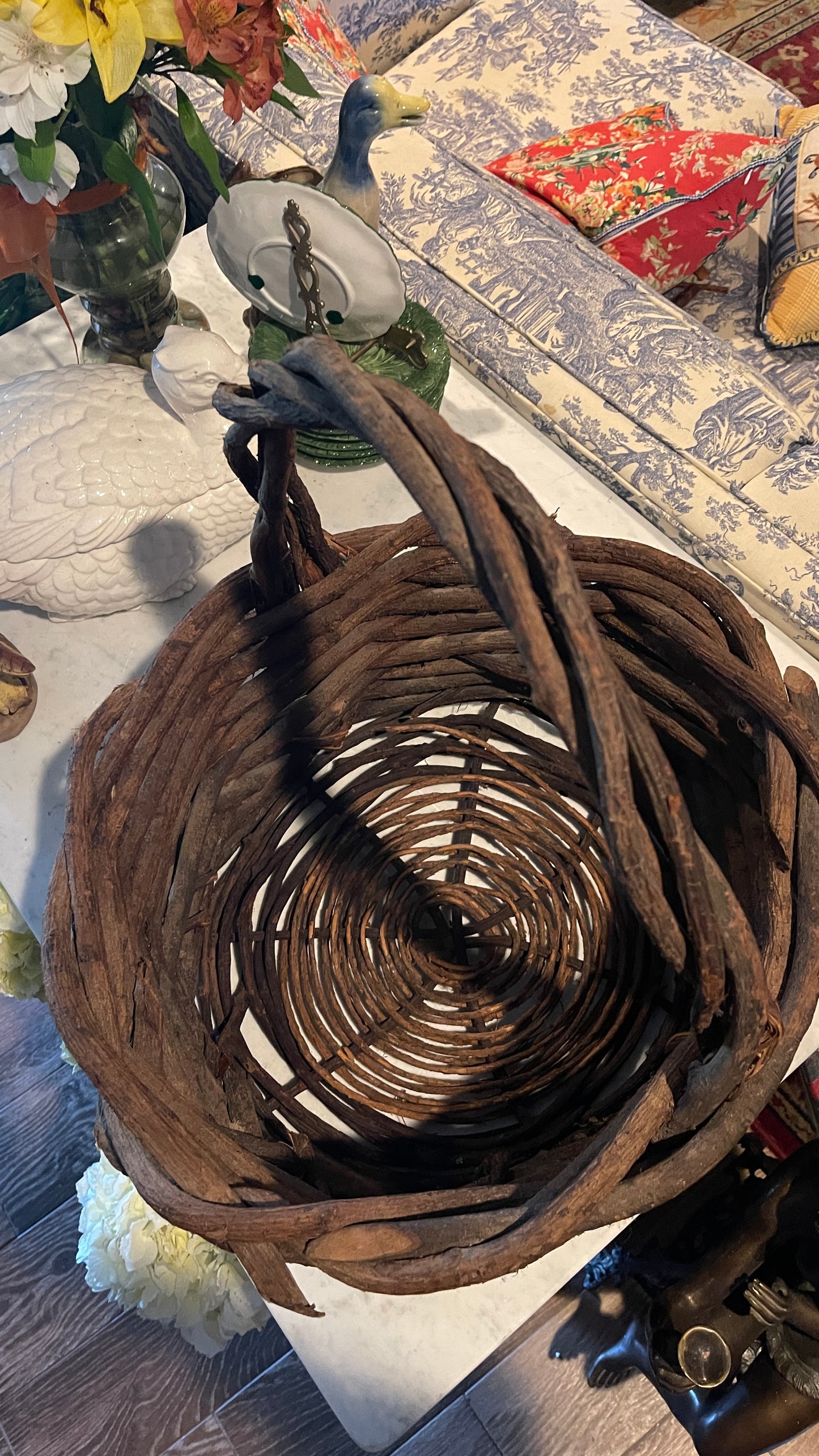 Large Vintage Hand-Woven Grapevine Gathering Basket | French Country Style