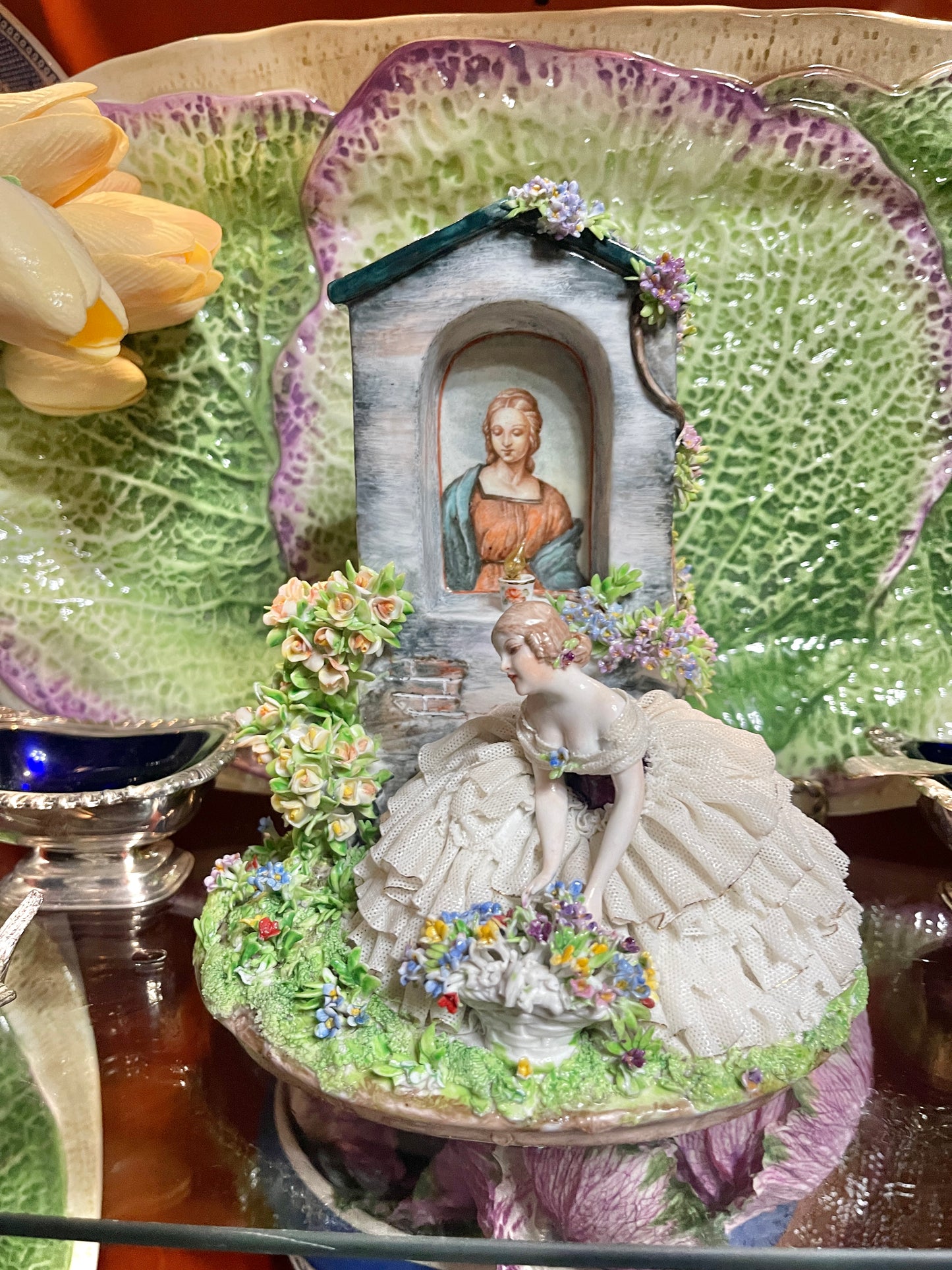 Luigi Fabris (Fabris Italy) Porcelain Lace Lady Figurine | Romantic Italian Figural Scene | Applied Flowers