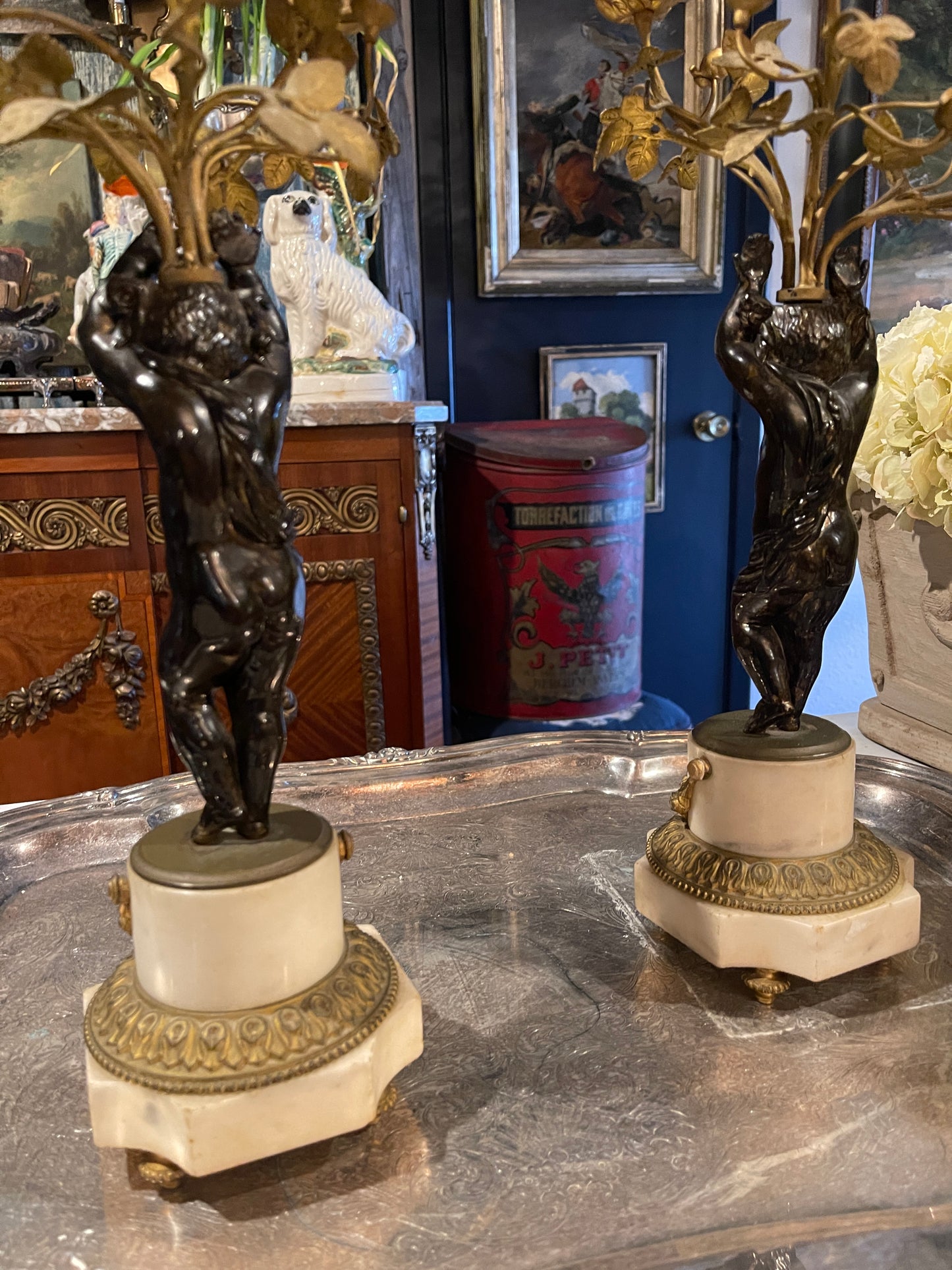 French Louis XVI Style Gilt & Patinated Bronze Putti Candelabra, 19th Century | Pair | Marble & Bronze