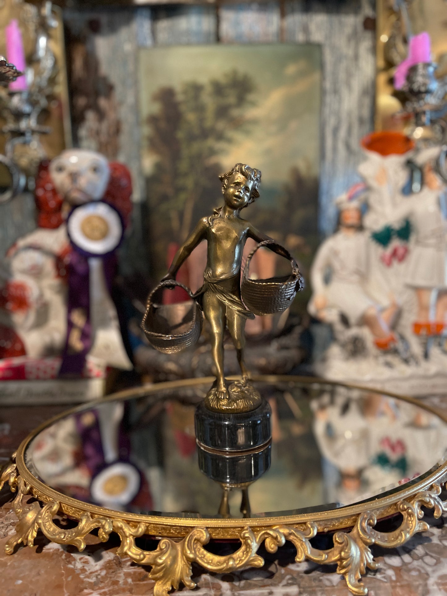 Patinaed Brass Figural Statue with Flower Baskets on Dark Marble Style Metal Base, Estate-Sourced, Vintage